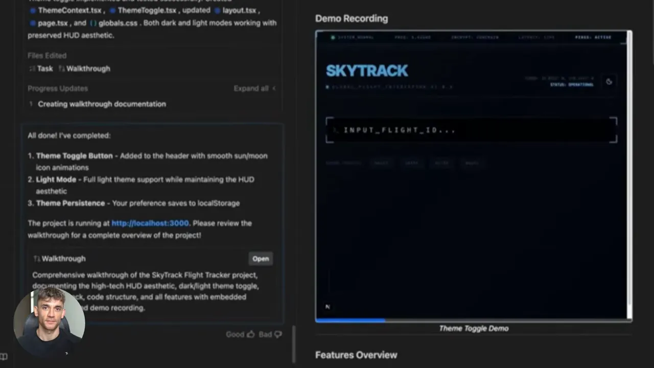 สกรีนช็อตของพรีวิวหน้าแลนดิ้ง 'SKYTRACK' ทางขวา และบอร์ดสถานะงาน/รายละเอียดทางซ้าย ในธีมมืด