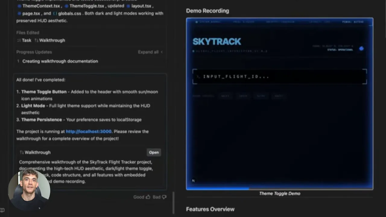Artifact demo recording showing SkyTrack preview and task panel