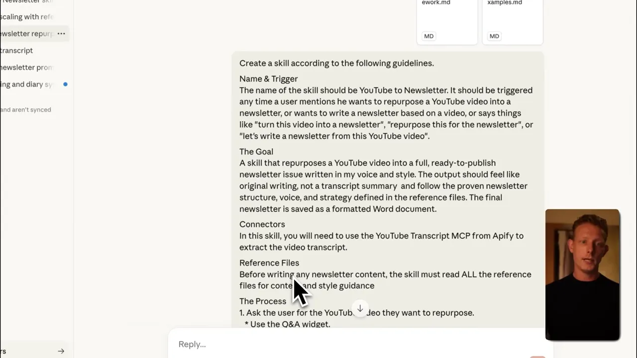 สกรีนช็อตชัดของ Skill Creator แสดงเนื้อหา skill.md ครบถ้วน ได้แก่ Name & Trigger, The Goal, Connectors และ Reference Files โดยมีวิดีโอโอเวอร์เลย์เล็กๆ ทางขวา