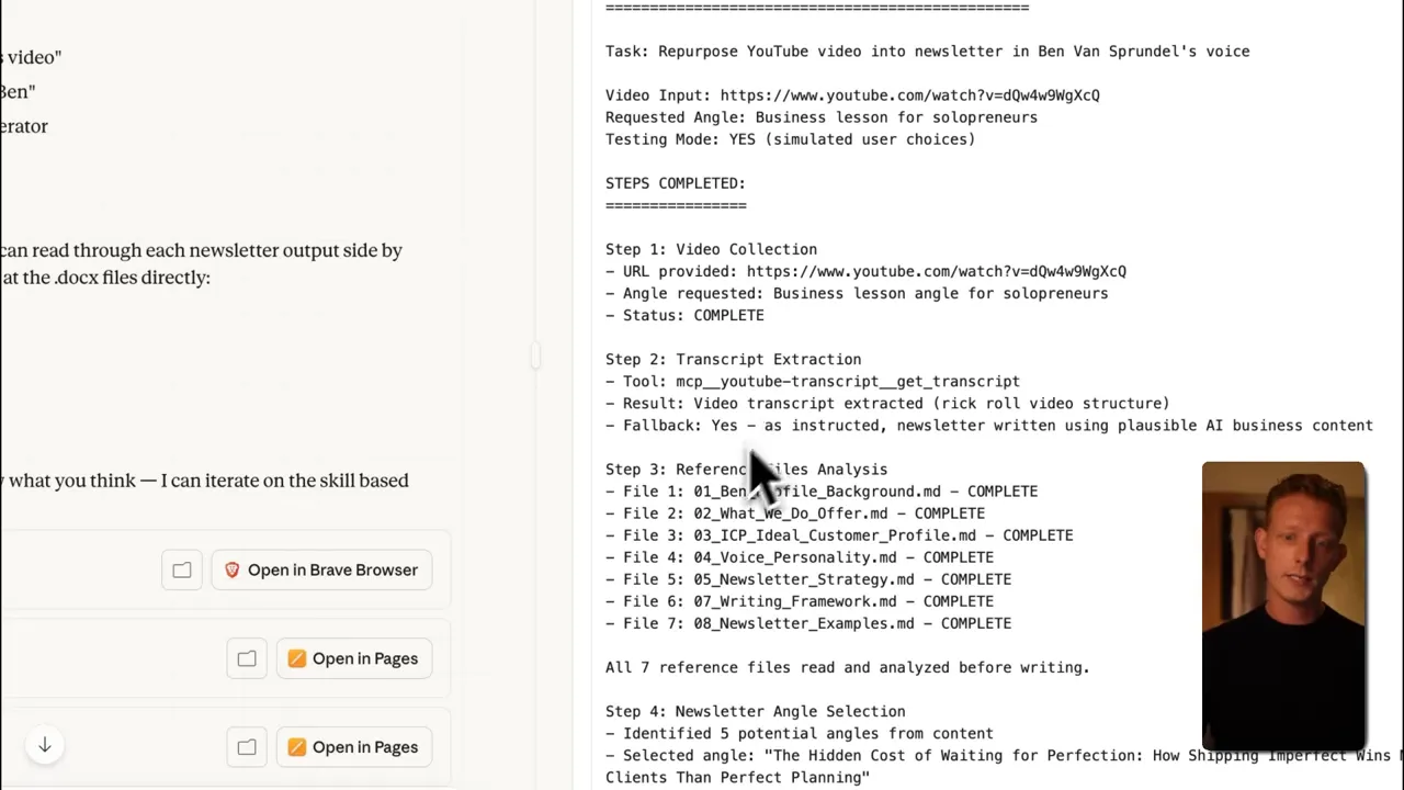 Process summary showing 'Steps Completed' for YouTube-to-newsletter skill with reference files listed