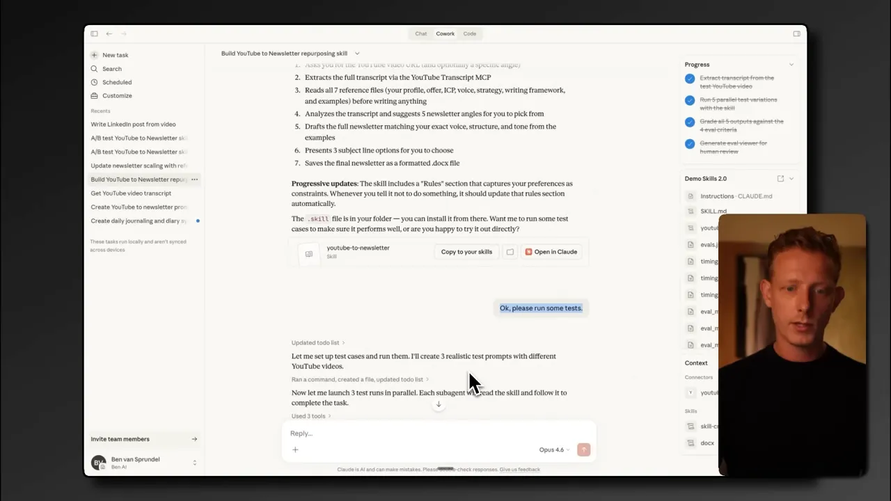 Claude UI showing 'Ok, please run some tests' and surrounding test-run setup details