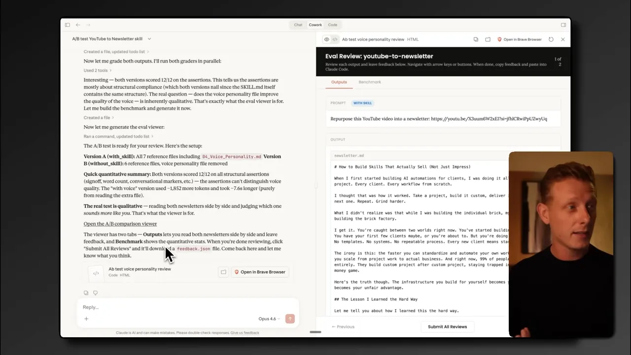 Eval viewer showing side-by-side newsletter outputs for youtube-to-newsletter A/B test with reviewer notes and presenter overlay