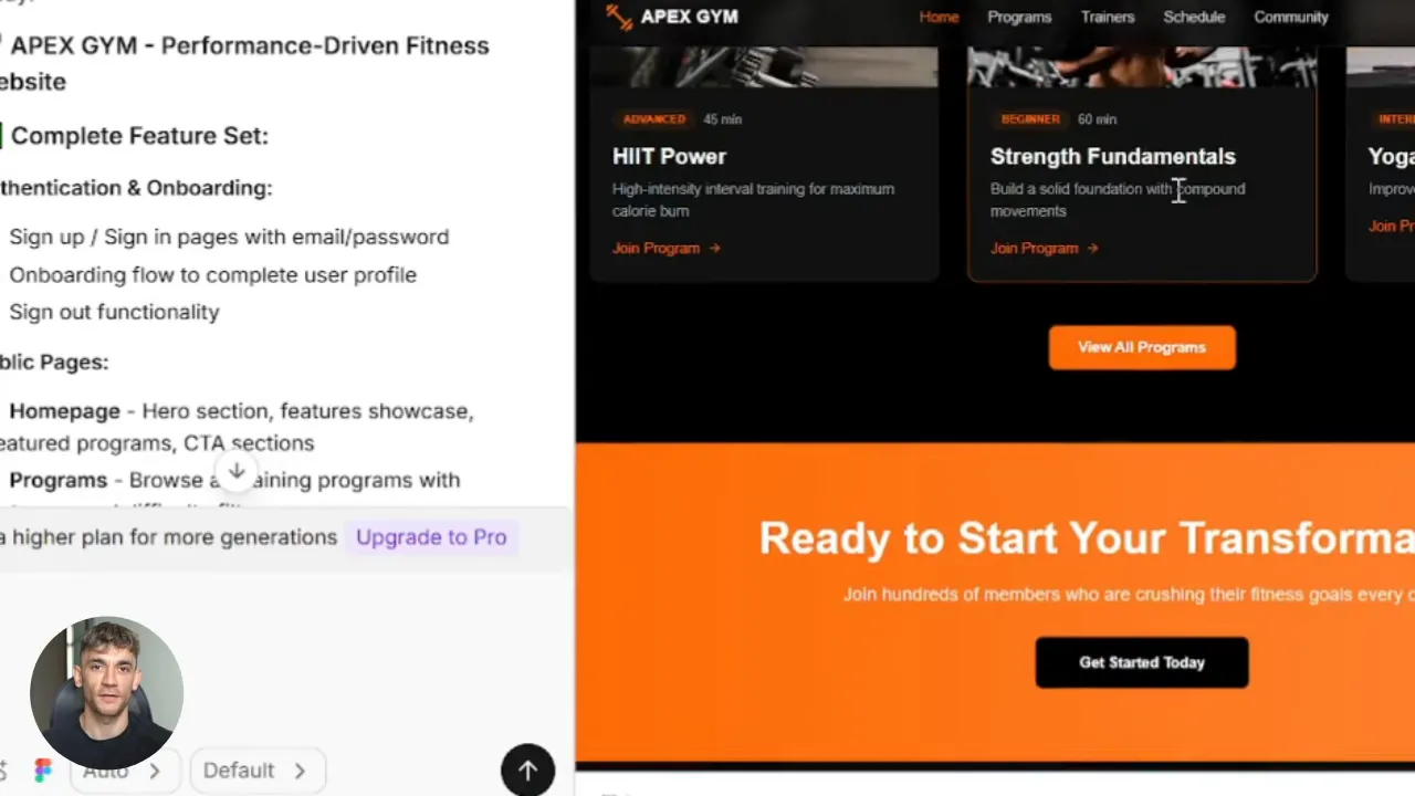 Landing page hero section and program cards (high contrast orange CTA) next to Figma notes
