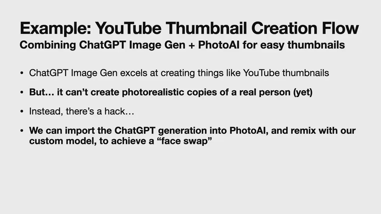 สไลด์ตัวอย่างขั้นตอน YouTube thumbnail ทำด้วย ChatGPT image generation ร่วมกับ PhotoAI เพื่อทำ face swap
