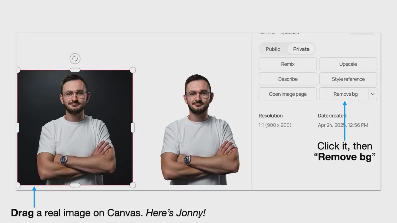 หน้าจอ Ideogram Canvas แสดงการลากรูปคนจริงลงบน canvas และคำแนะนำให้กด Remove bg