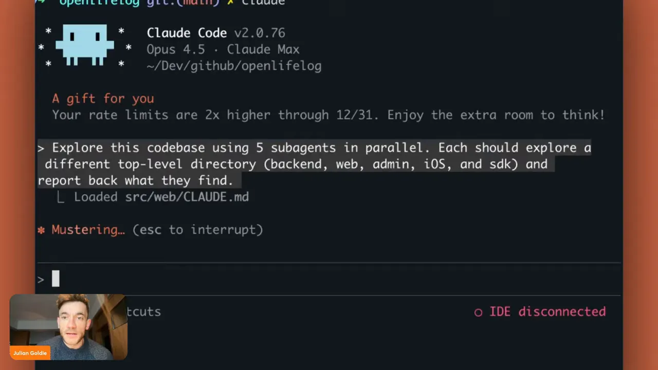 Terminal screenshot showing Claude Code command 'Explore this codebase using 5 subagents in parallel' with highlighted text