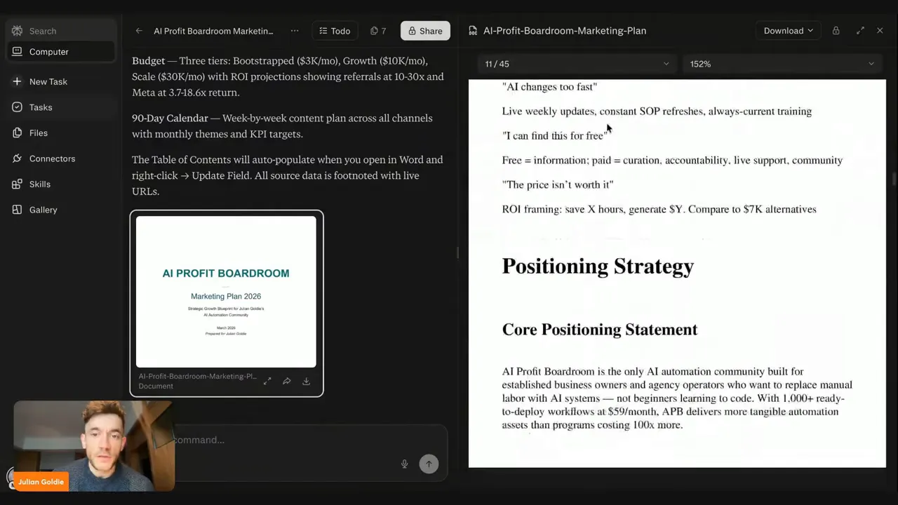 สกรีนช็อต Perplexity แสดงหน้ารายงานการตลาดมีหัวข้อ 'Positioning Strategy' และเมนูซ้ายของแพลตฟอร์ม