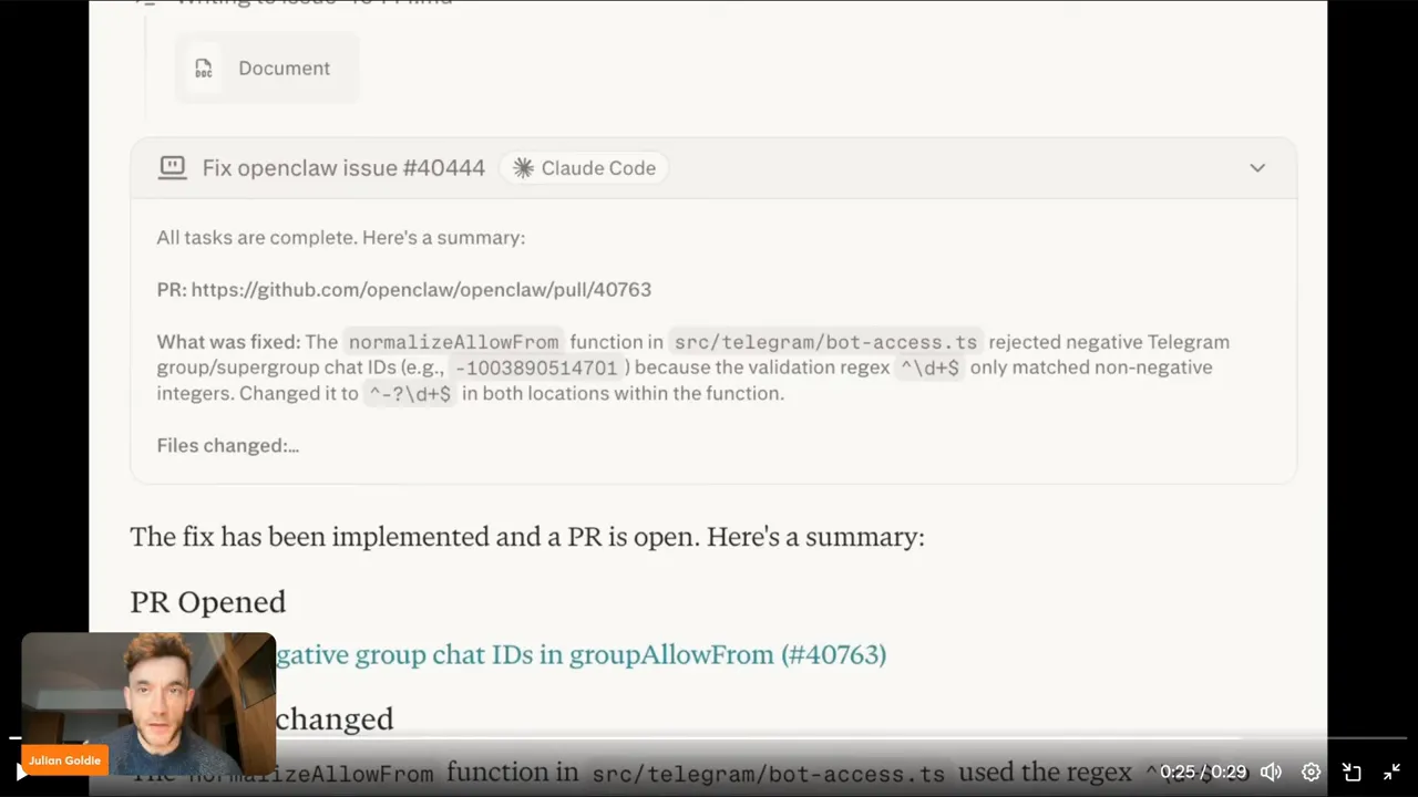 Clear screenshot of a PR summary card that reads 'Fix openclaw issue' with a PR link and Claude Code tag, presenter inset in corner