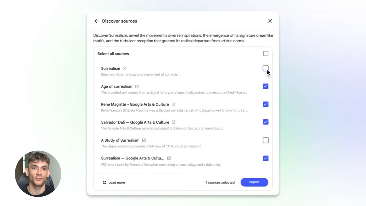 Notebook LM 'Discover sources' dialog displaying selectable source items with checkboxes and an Import button