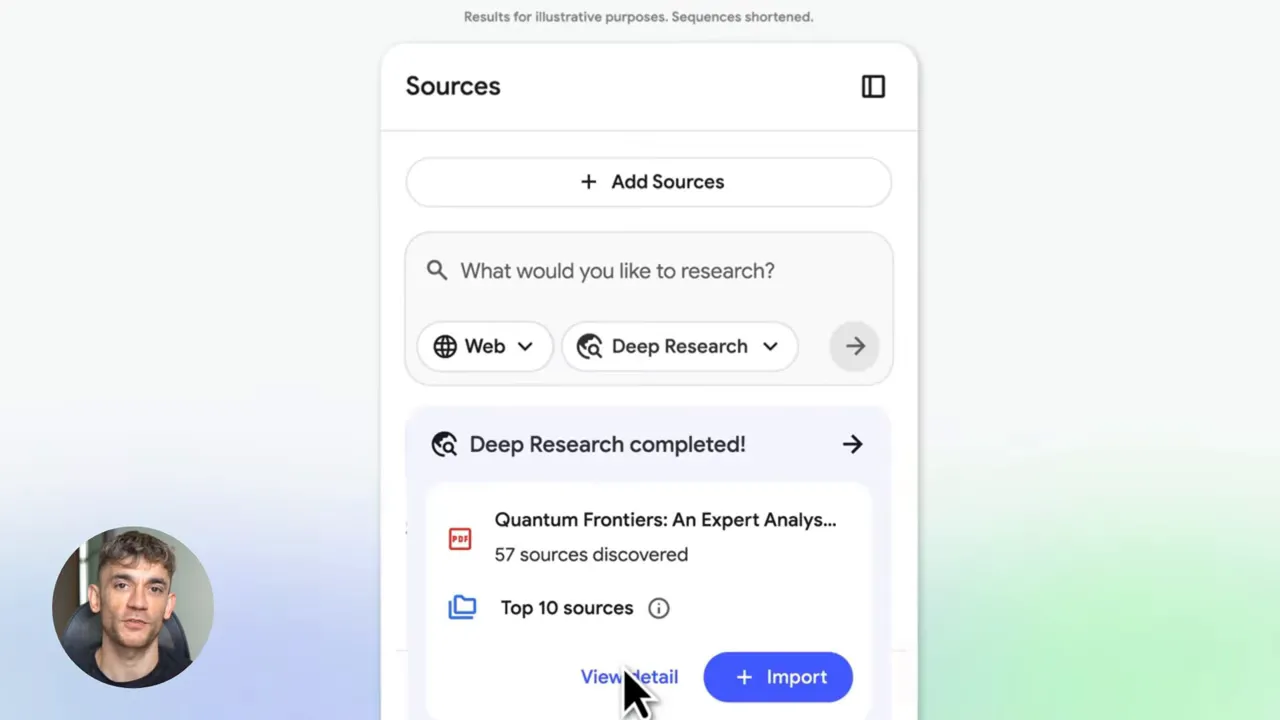 NotebookLM แสดงการแจ้ง 'Deep Research completed!' พร้อมรายการแหล่งข้อมูลและปุ่ม Import