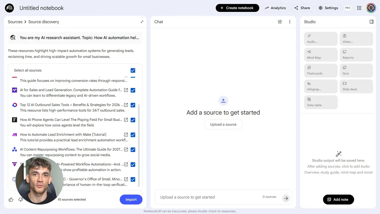 NotebookLM sources discovery panel showing a list of selectable sources with checkboxes and an Import button