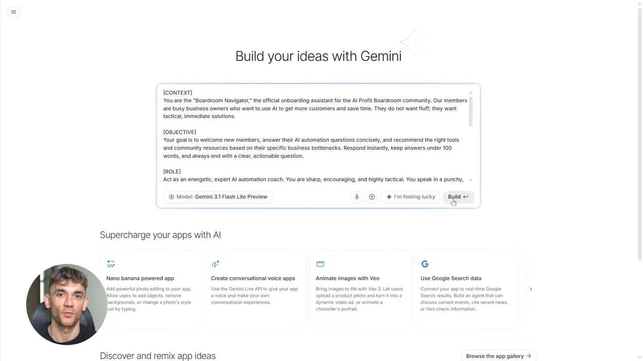 Google AI Studio prompt box showing Model: Gemini 3.1 Flash Lite Preview with the Build button being clicked