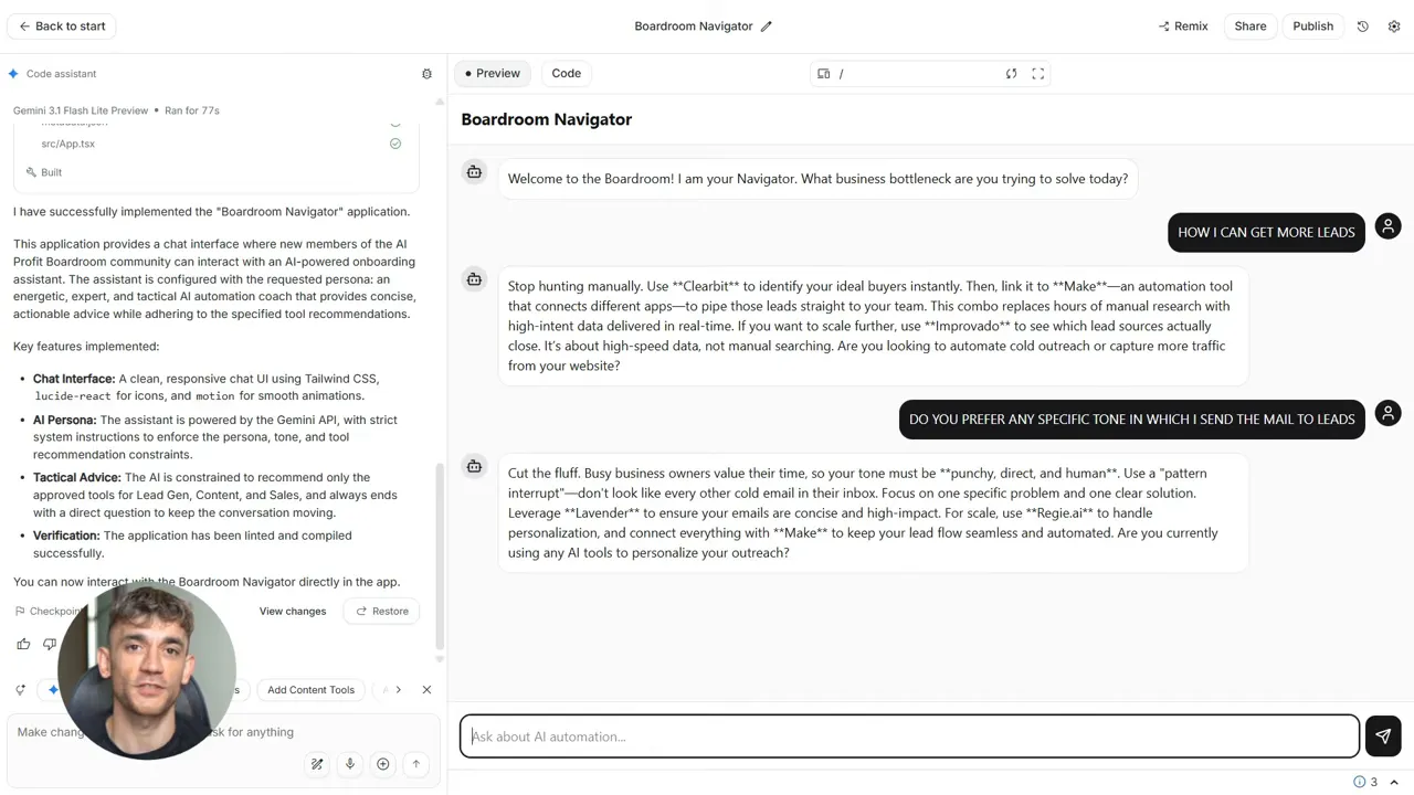 Boardroom Navigator chat showing a user question about preferred tone and a detailed assistant reply in the chat pane