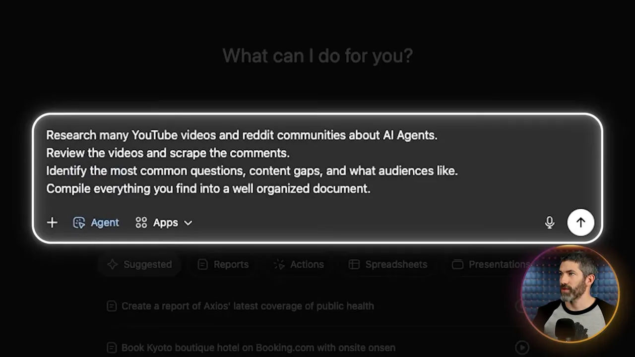 หน้าจอ ChatGPT Agent แสดงคำสั่งค้นคว้า YouTube และ Reddit พร้อมภาพผู้พูดมุมจอ