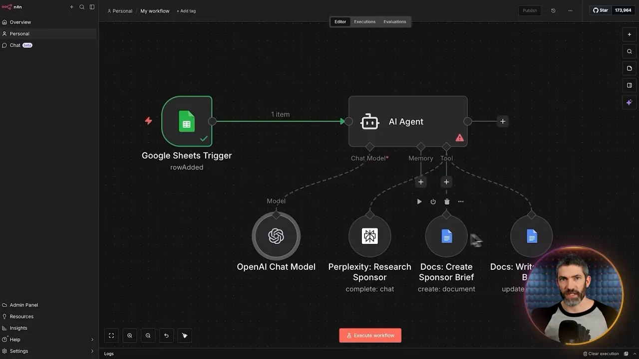 หน้าจอ n8n แสดง node-based workflow พร้อม AI Agent และ Google Sheets Trigger