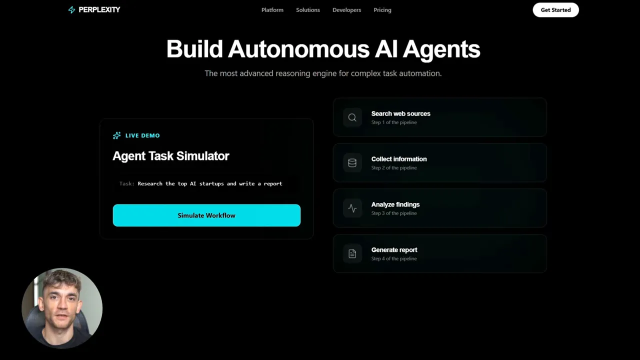 หน้าสาธิต Agent Task Simulator แสดงขั้นตอนค้นเว็บ รวบรวม วิเคราะห์ และสร้างรายงาน