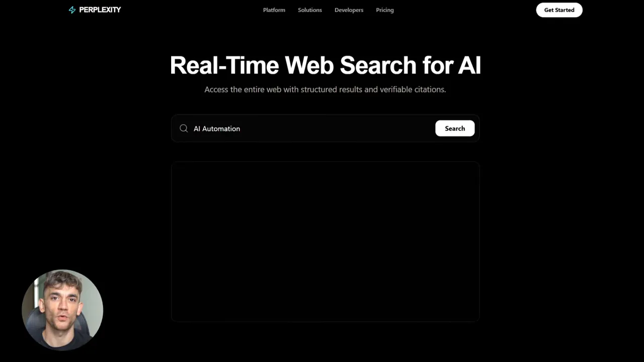 หน้าสาธิต Real-Time Web Search for AI มีคำค้น AI Automation และพื้นที่ผลลัพธ์ที่ยังว่าง