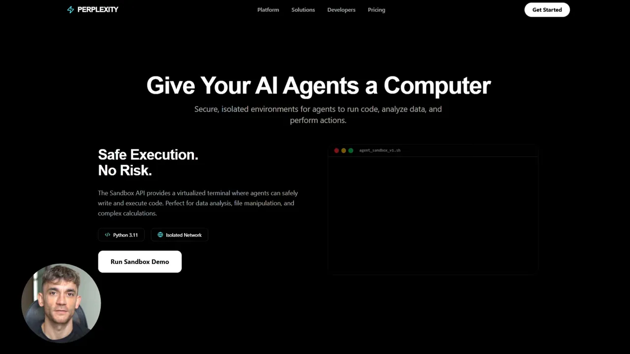 หน้าสาธิต Sandbox API มีคำว่า Give Your AI Agents a Computer และข้อความโฆษณา Safe Execution. No Risk.
