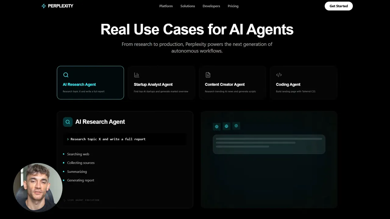 หน้าสาธิต AI Research Agent แสดงขั้นตอนค้นเว็บและสรุปรายงาน
