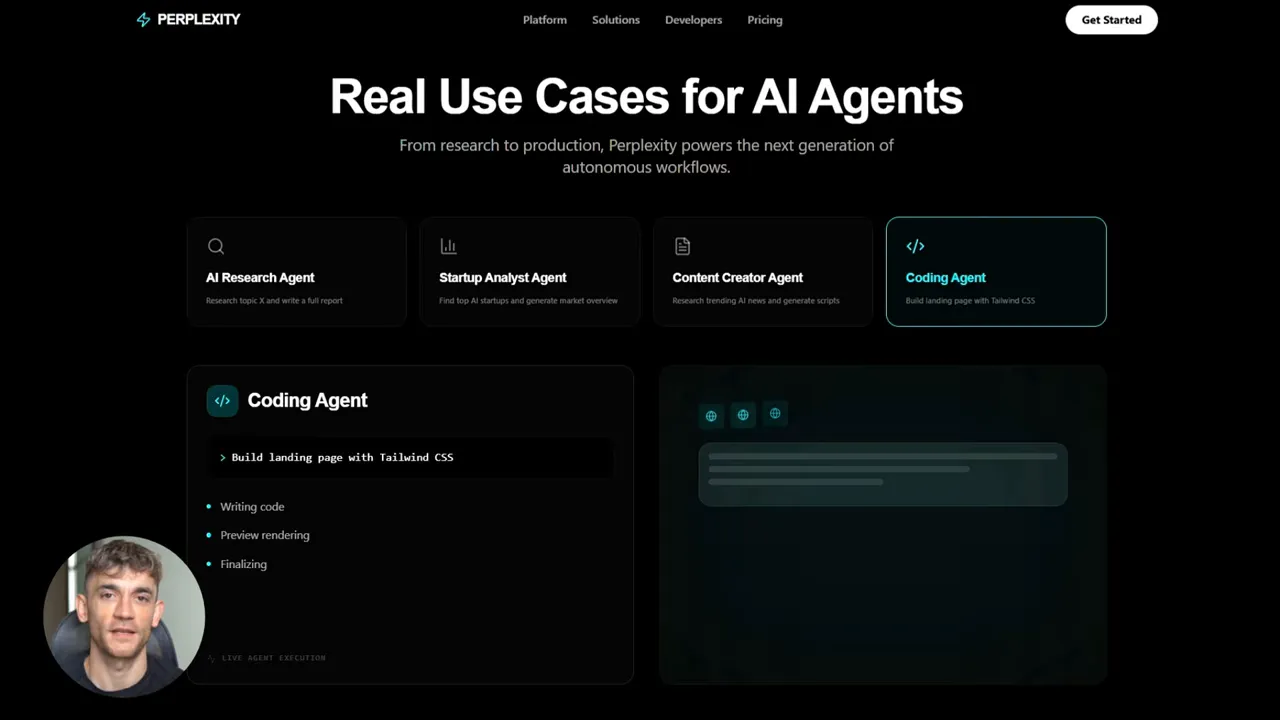 หน้าสาธิต Coding Agent แสดงงานสร้าง landing page ด้วย Tailwind CSS และลำดับการทำงาน