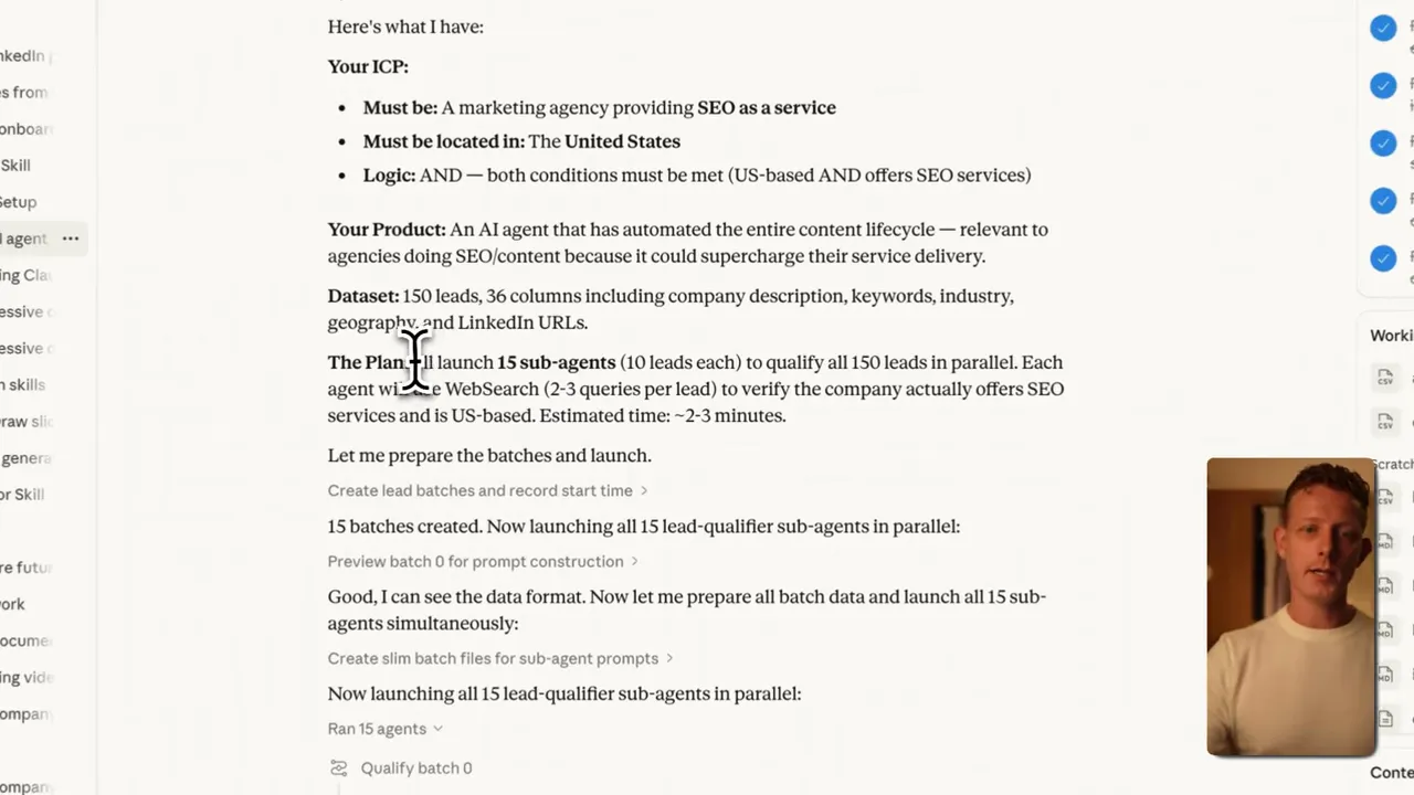 Screenshot of Claude Cowork showing ICP, plan to launch 15 sub-agents and batch creation status