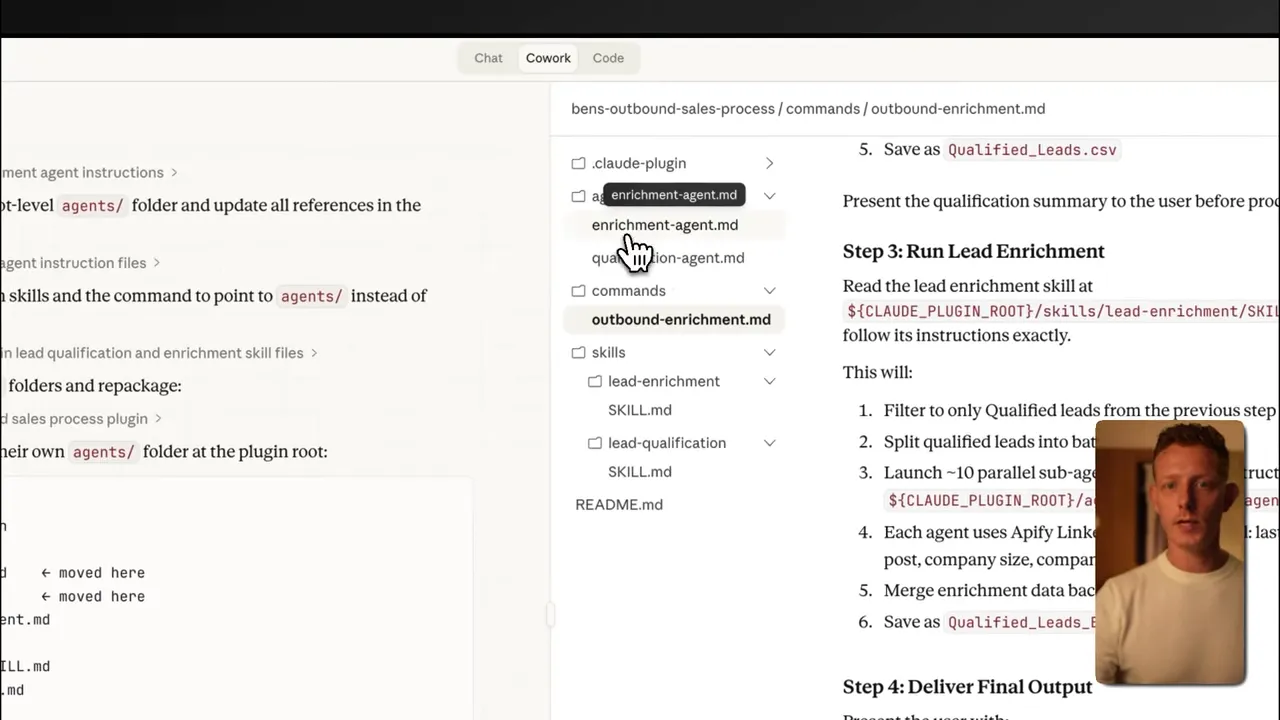 มุมมองโฟลเดอร์ plugin ใน Claude Cowork แสดง outbound-enrichment.md และ enrichment-agent.md พร้อมเคอร์เซอร์ชี้