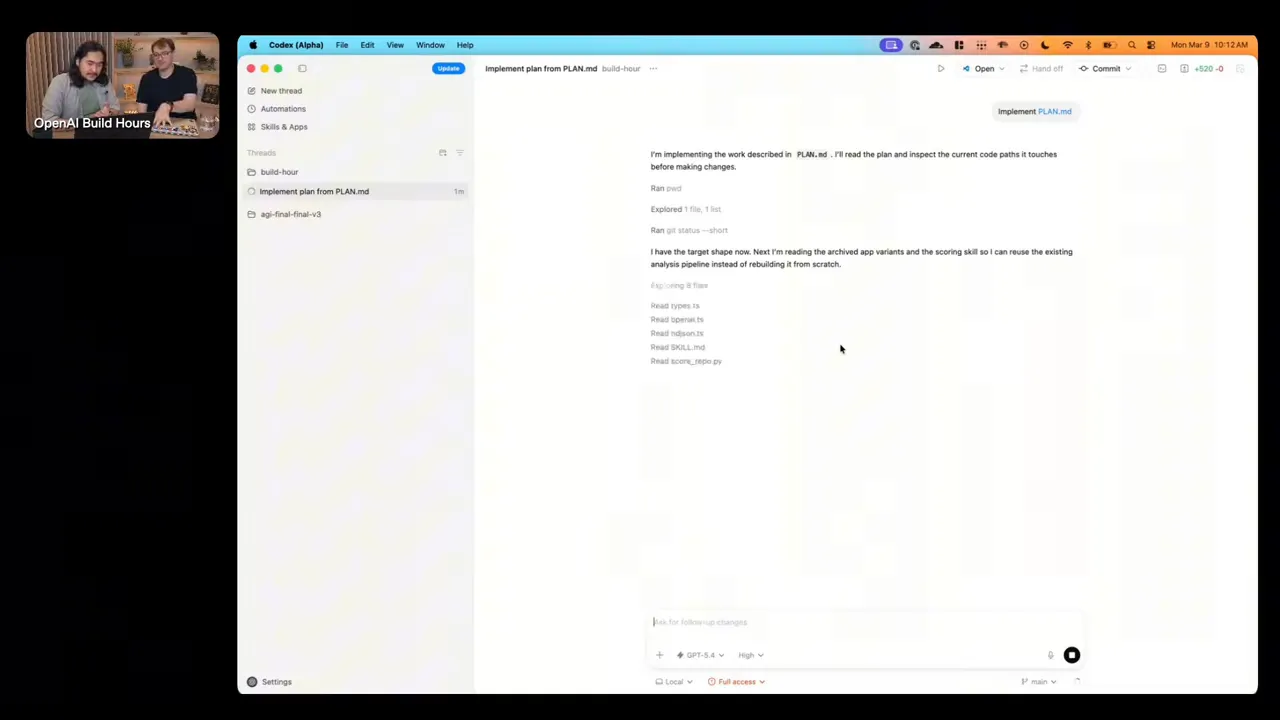 Codex app screenshot showing agent scanning workspace with a list of read files and progress notes