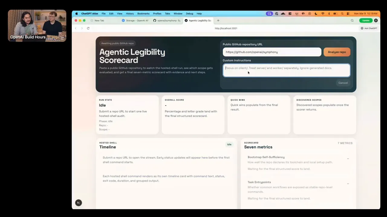Agentic Legibility Scorecard UI with repository URL filled and custom instructions field visible, ready to analyze