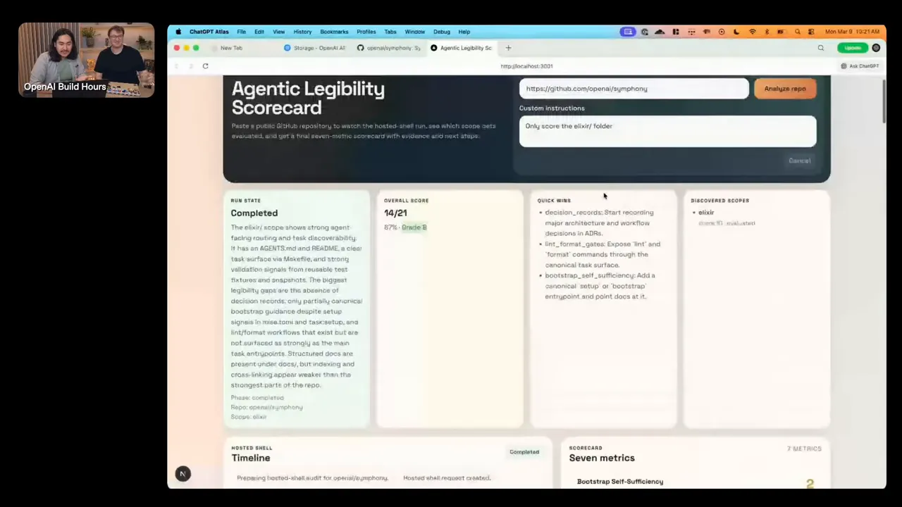 Agentic Legibility scorecard UI showing overall score 14/21 (Grade B) with recommendation panels and presenter inset