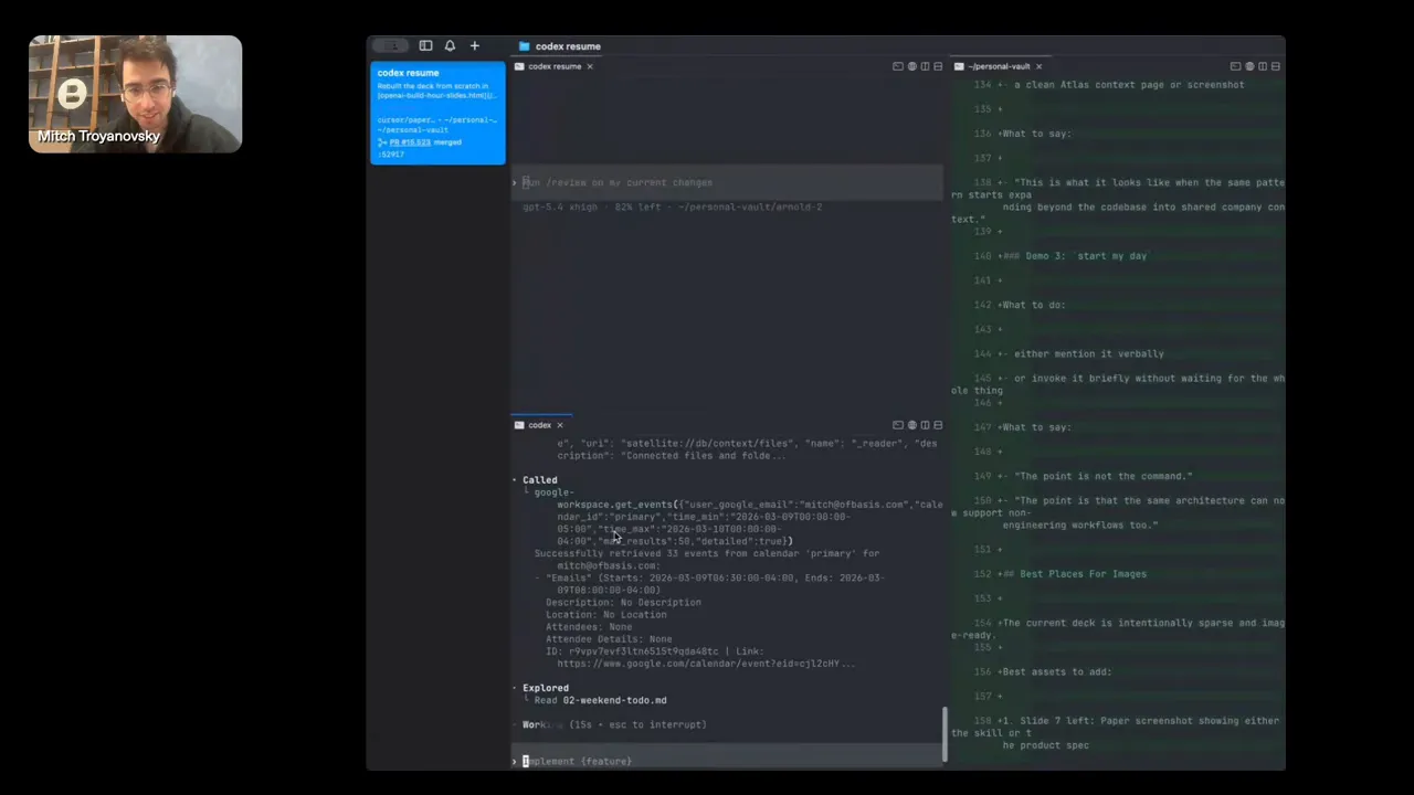 Codex app screenshot showing agent calling google workspace.get_events and retrieved events in the terminal, presenter inset