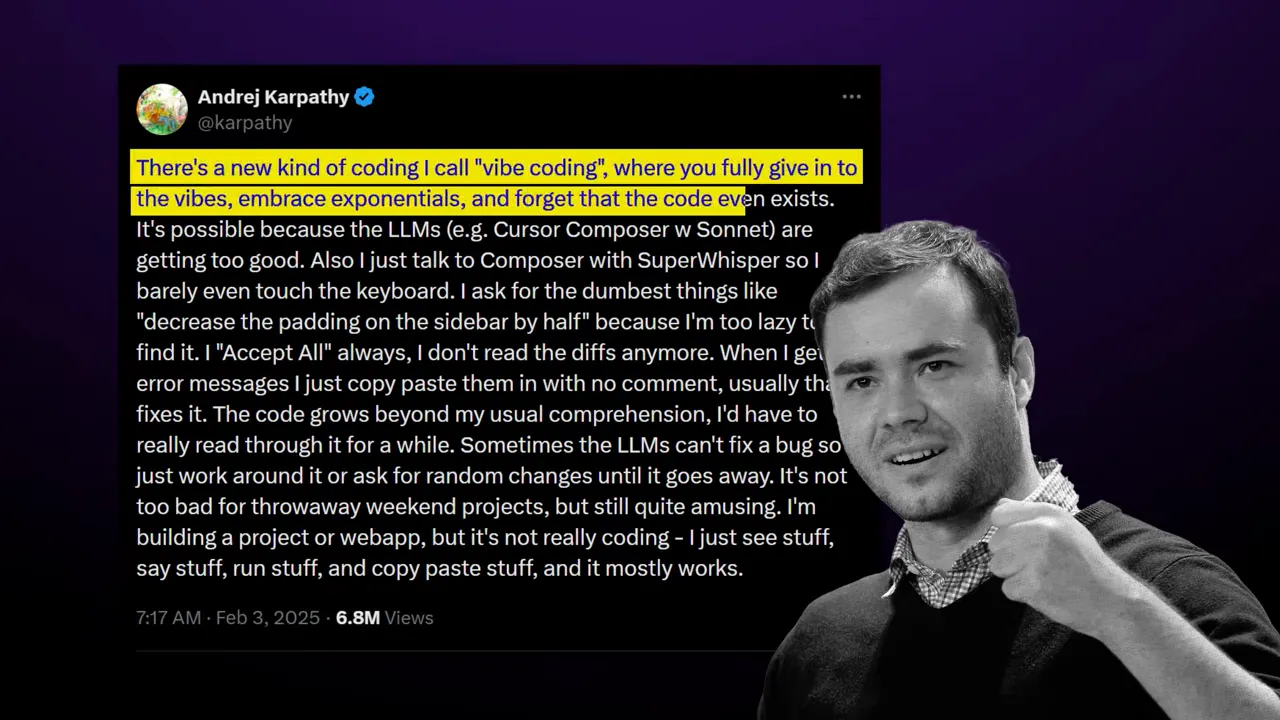สกรีนช็อตทวีตบนพื้นหลังสีม่วง มีการไฮไลท์ประโยคแรกที่พูดถึงแนวคิด 'vibe coding'