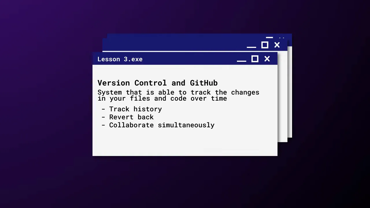สไลด์ 'Version Control and GitHub' แสดงรายการประโยชน์ เช่น Track history, Revert back, Collaborate simultaneously