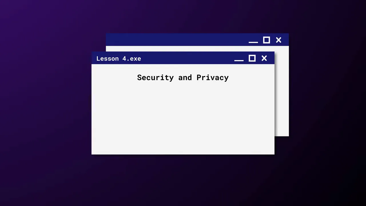 หน้าต่างสไตล์โปรแกรมแสดงข้อความ 'Security and Privacy' บนพื้นสีม่วง