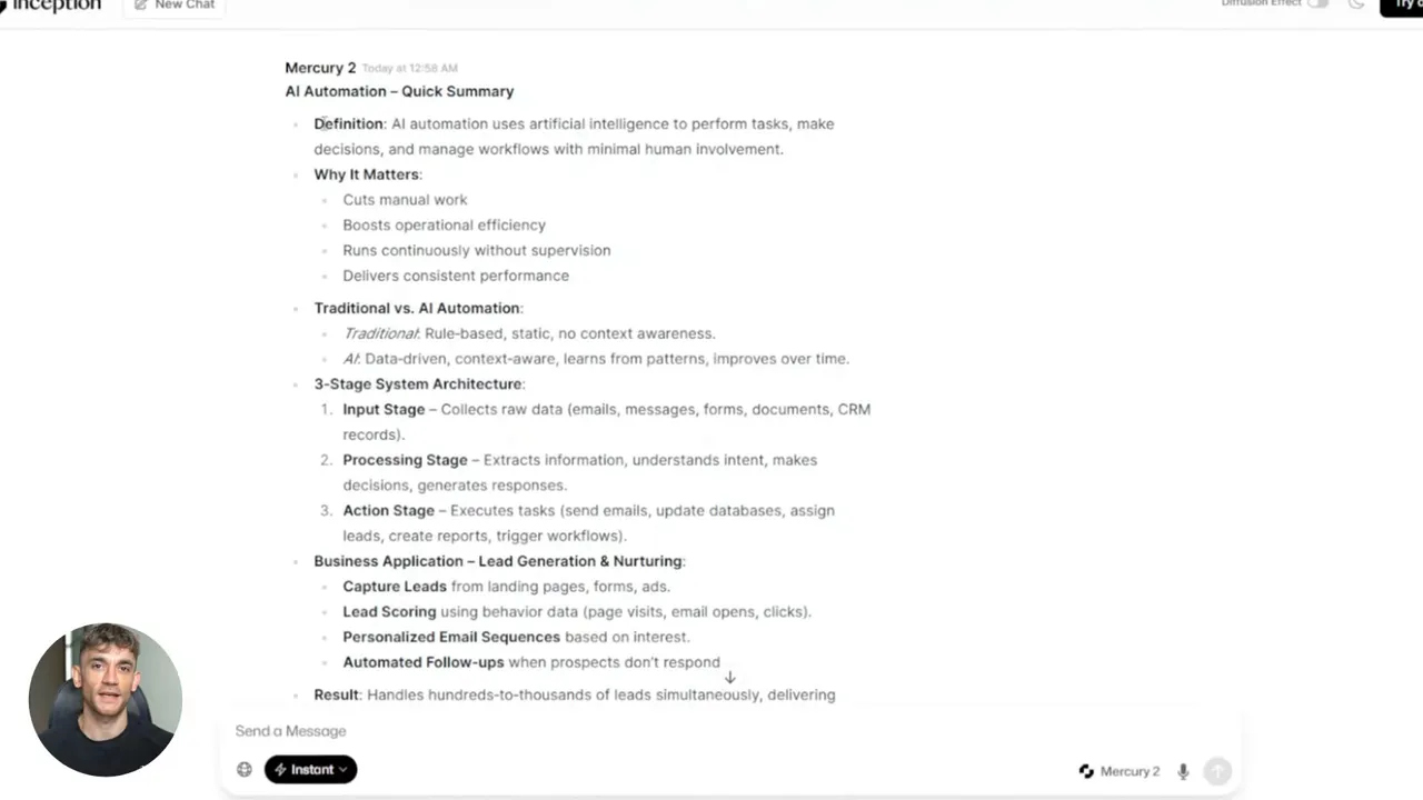 สกรีนช็อตแสดงหัวข้อ 'AI Automation – Quick Summary' พร้อมรายการย่อย (ประโยชน์, 3-Stage System Architecture, Business Application) และแถบสถานะ Mercury 2