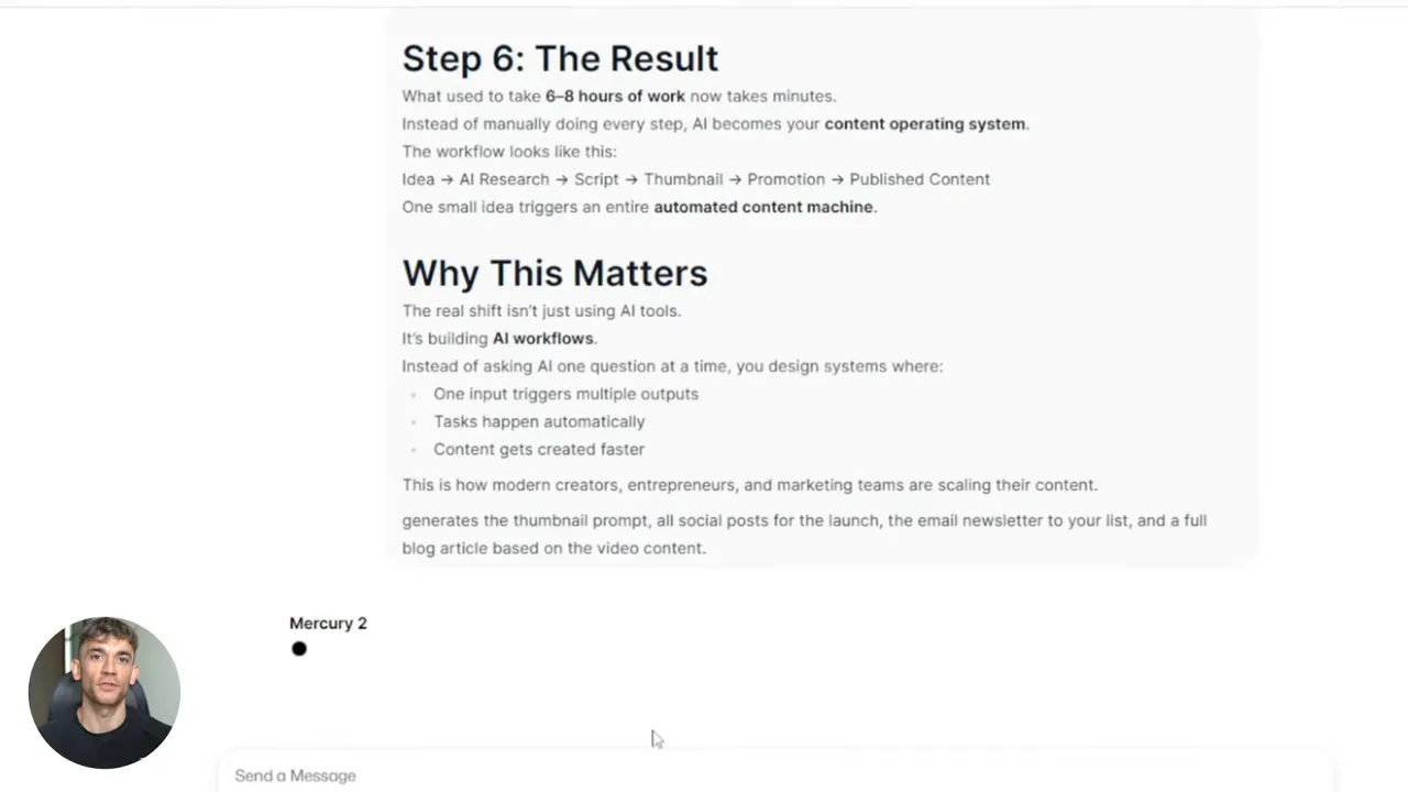 หน้าจอที่แสดงหัวข้อ 'Step 6: The Result' และ 'Why This Matters' พร้อมสรุป workflow (Idea → AI Research → Script → Thumbnail → Promotion → Published Content)