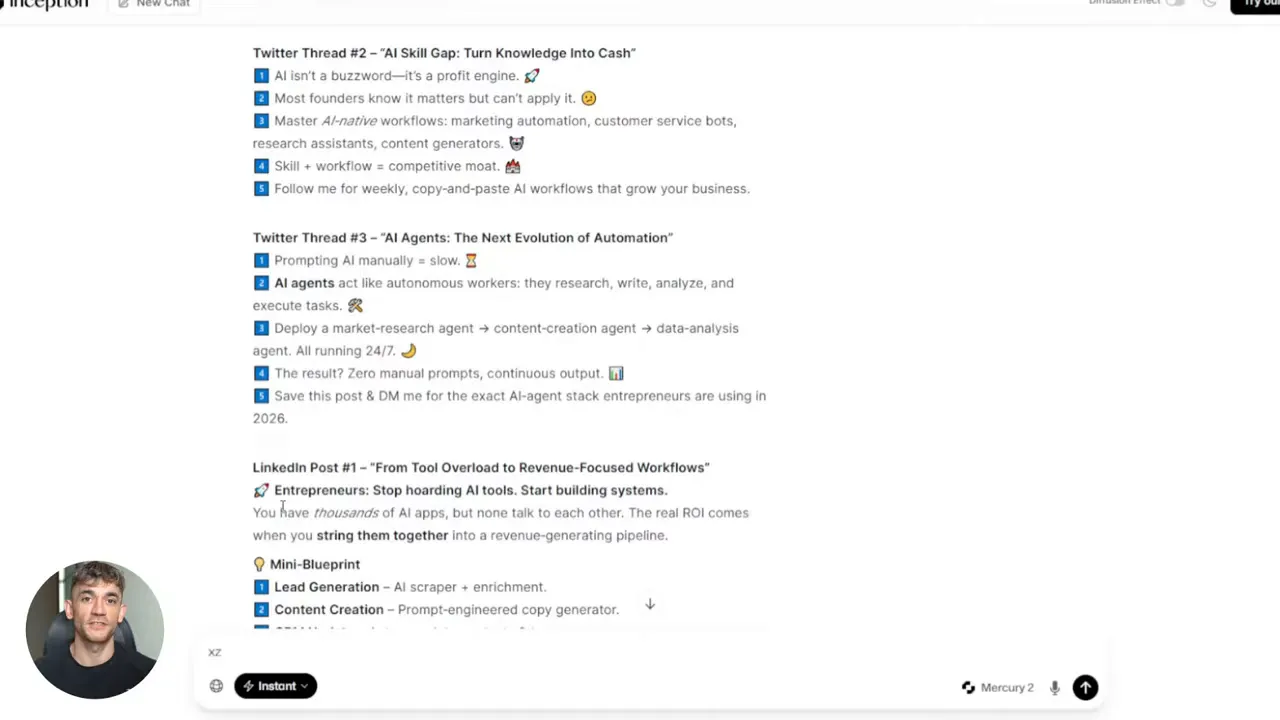 สกรีนช็อตอินเทอร์เฟซแสดงรายการเนื้อหาที่สร้าง (เช่น Twitter threads และ LinkedIn posts) พร้อมแถบสถานะ 'Mercury 2' ที่มุมล่างขวา และ thumbnail ของผู้บรรยายมุมซ้ายล่าง