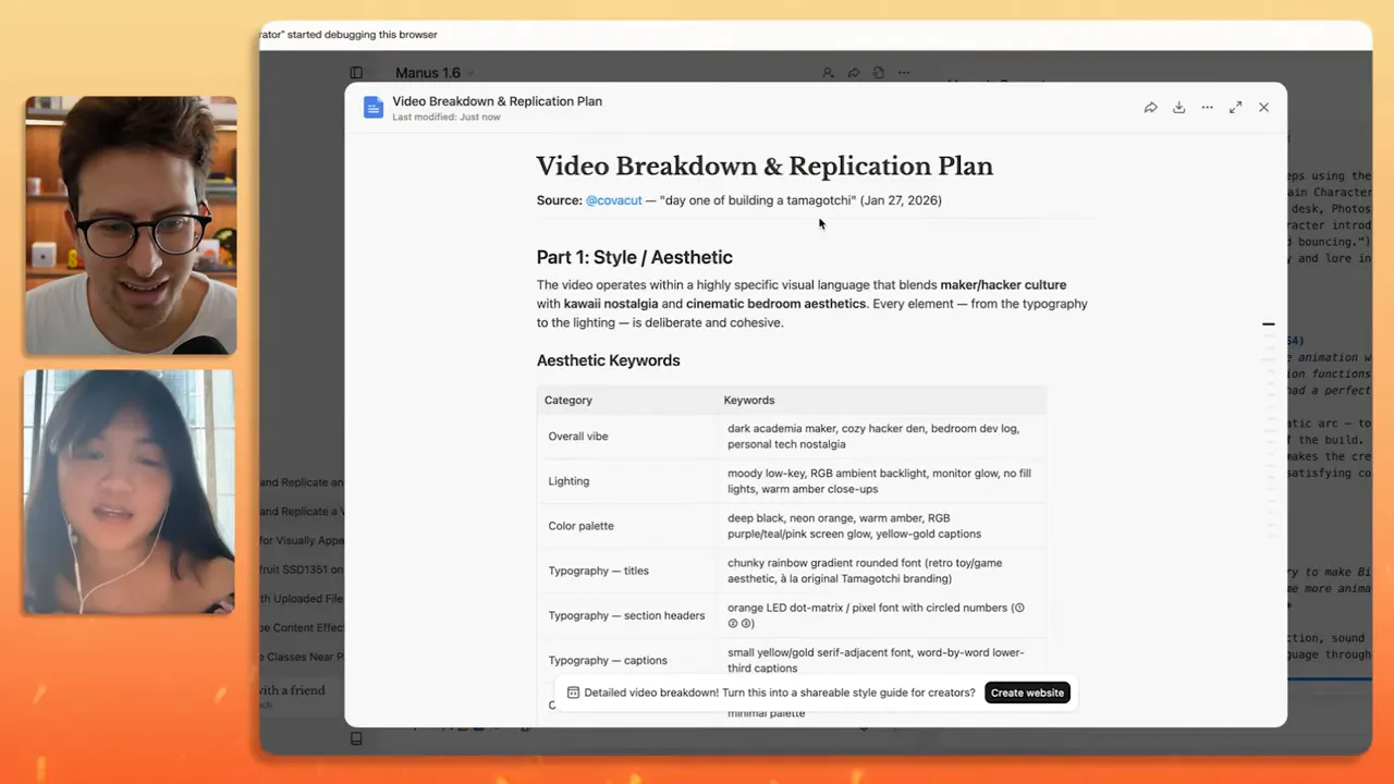 หน้าจอ Manus แสดงเอกสาร 'Video Breakdown & Replication Plan' พร้อมตาราง Aesthetic Keywords