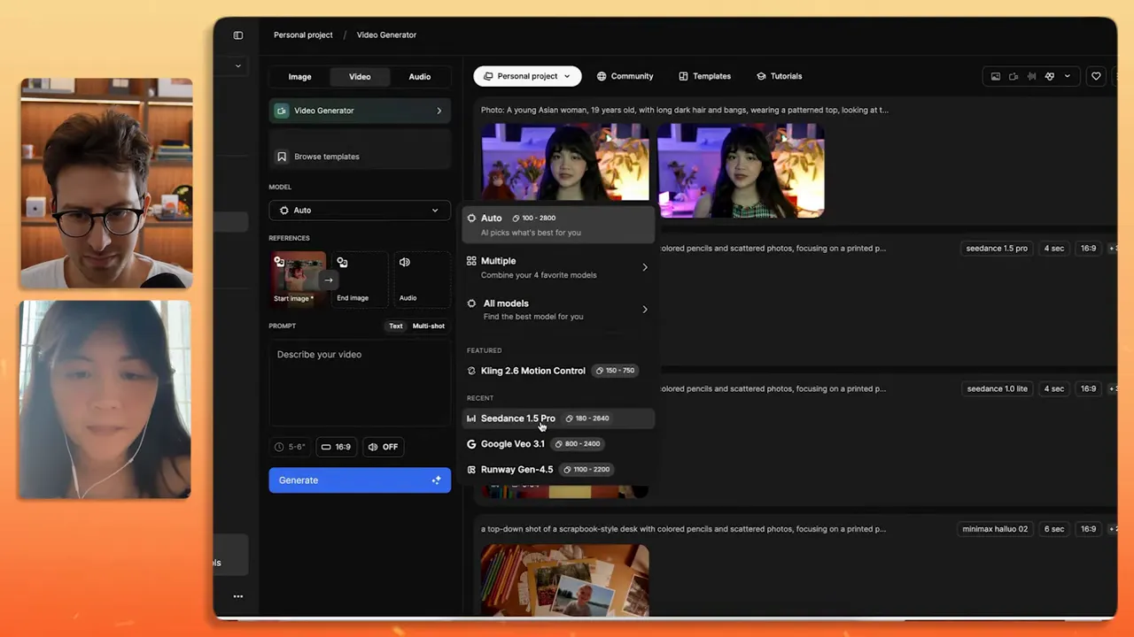 หน้าจอ Video Generator แสดงเมนูเลือกโมเดล รายการตั้งค่า และปุ่ม Generate พร้อมตัวอย่างวิดีโอ