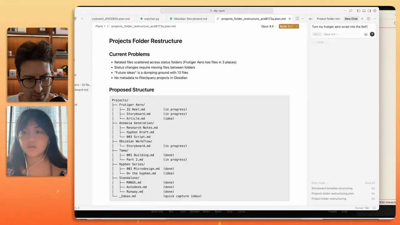 Cursor screen displaying an Obsidian-vault Projects Folder Restructure document and proposed folder structure, with chat sidebar visible