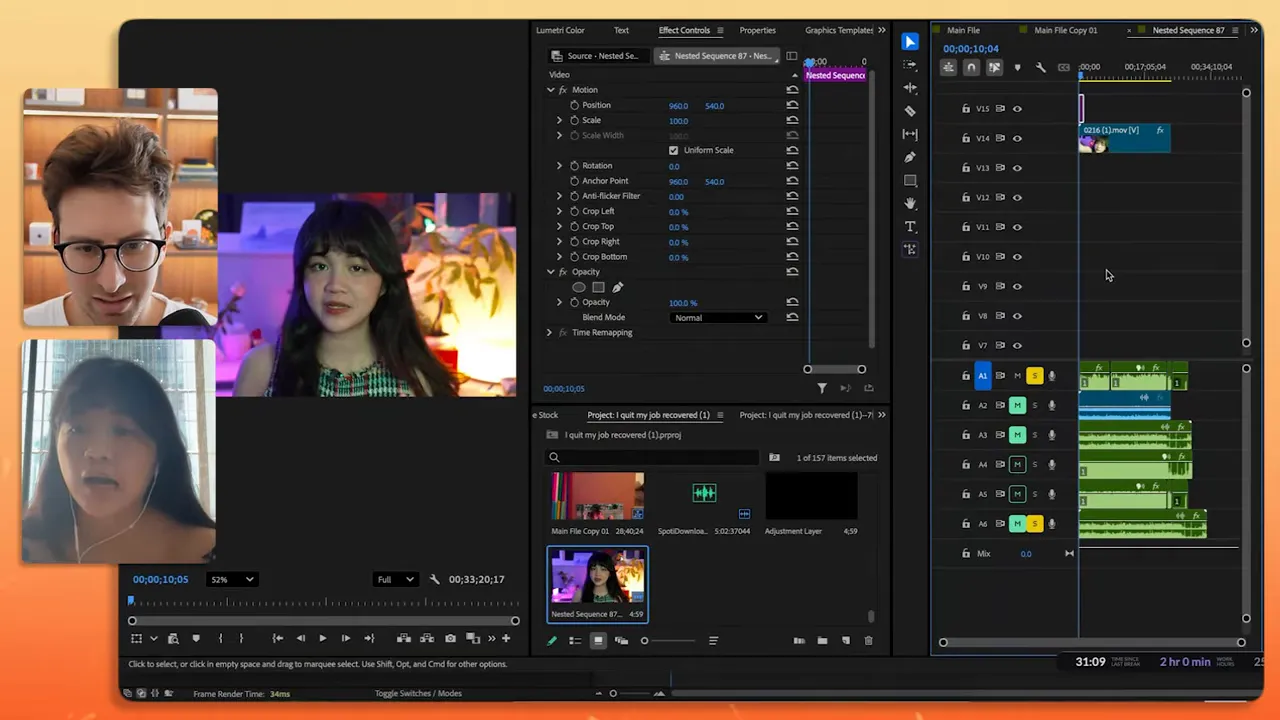 หน้าจอ Premiere Pro แสดงไทม์ไลน์หลายเลเยอร์ แผงควบคุมเอฟเฟกต์ และตัวอย่างวิดีโอขนาดเล็ก