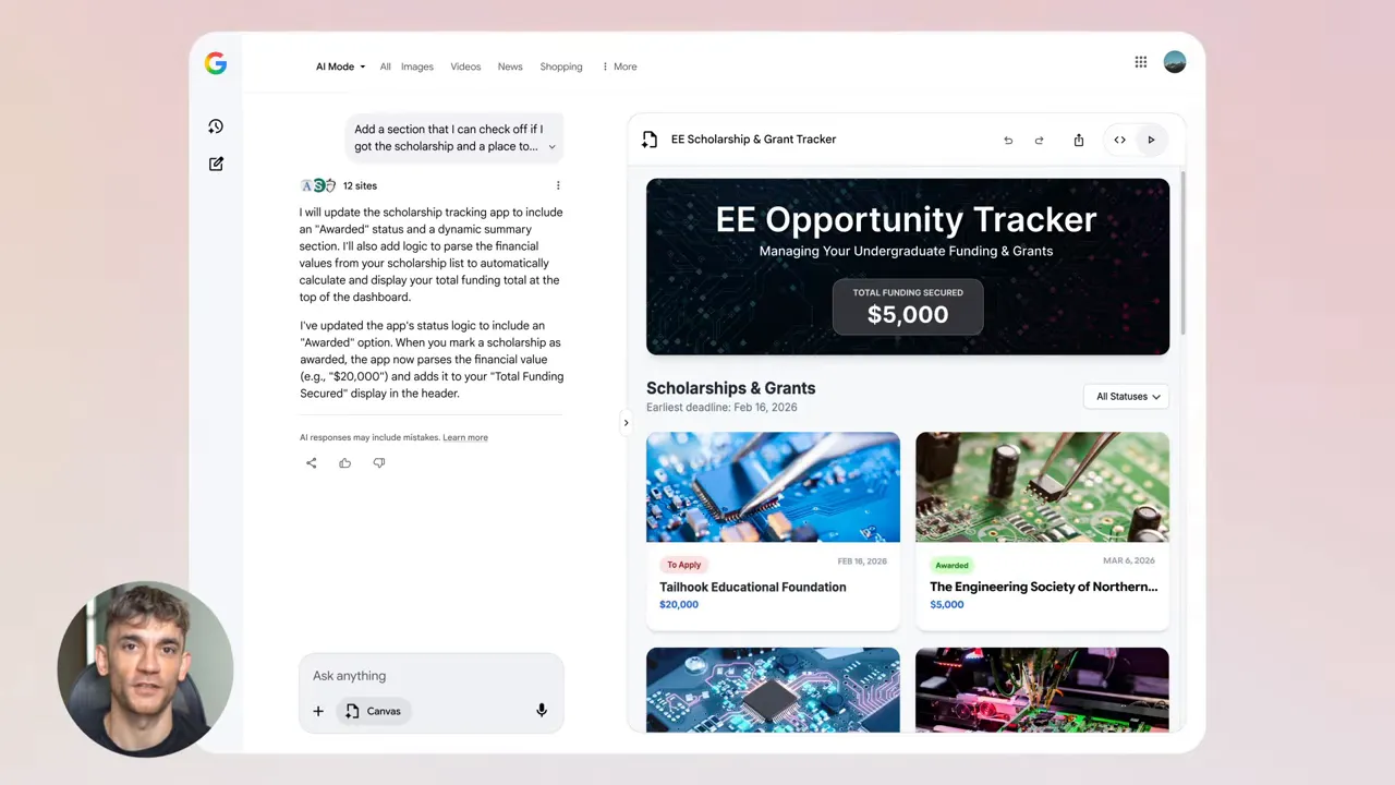 Gemini Canvas dashboard with EE Opportunity Tracker and funding summary showing $5,000
