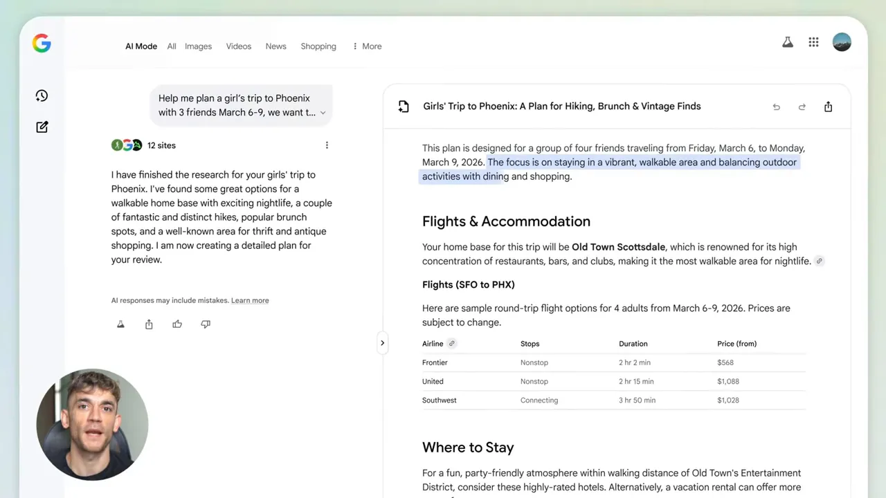 Gemini Canvas แสดงเอกสารแผนทริปพร้อมหัวข้อ Flights & Accommodation และตารางราคา