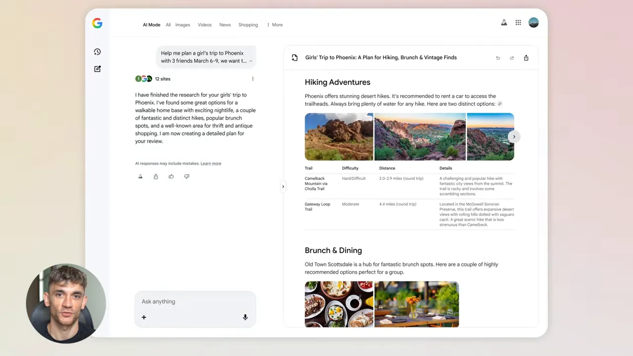 Gemini Canvas screenshot showing 'Hiking Adventures' with images and a trail table, and a 'Brunch & Dining' section below