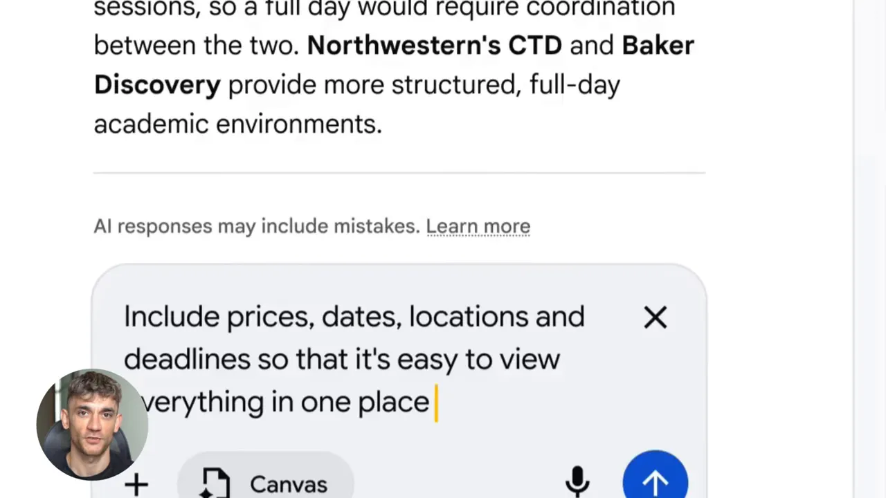 Canvas prompt text: 'Include prices, dates, locations and deadlines so that it's easy to view everything in one place' shown in input bubble