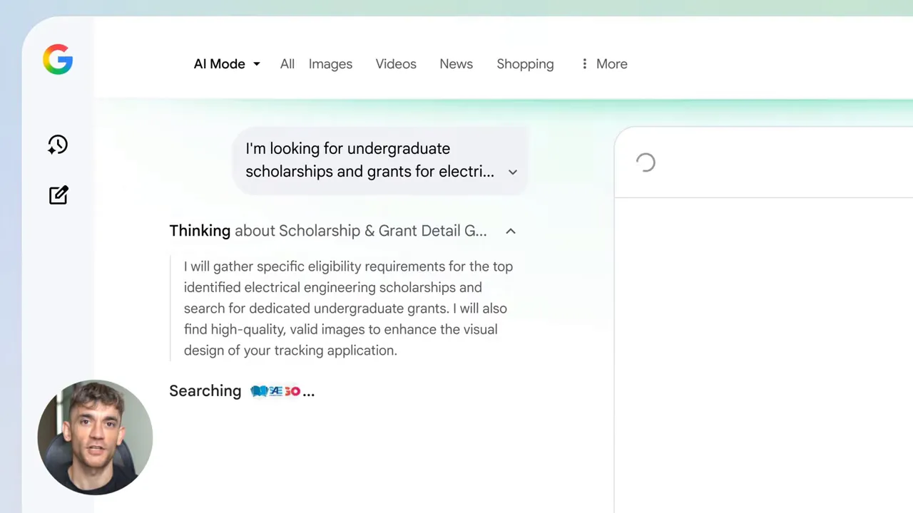 Gemini Canvas AI Mode showing 'Thinking' and 'Searching' status while gathering scholarship data