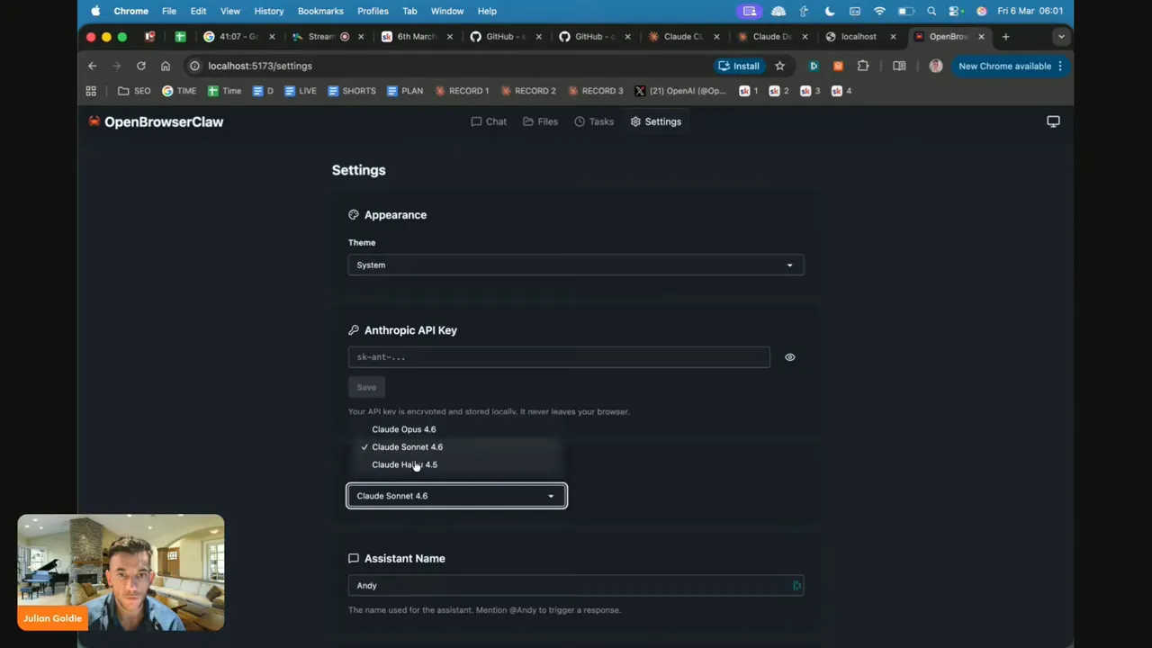 OpenBrowserClaw settings showing API key field with model dropdown open (Claude Opus/Sonnet/Haiku)