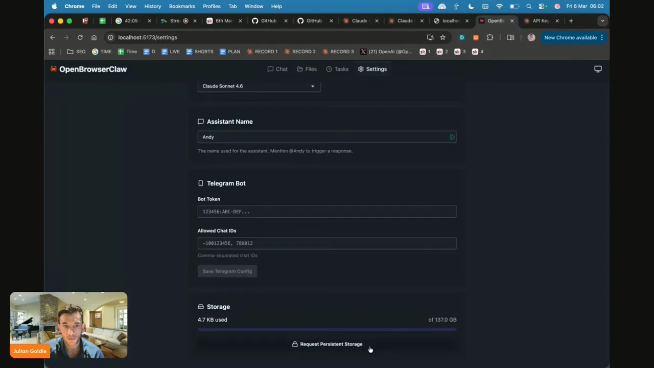 OpenBrowserClaw settings showing Assistant Name field, Telegram Bot token inputs, and storage usage