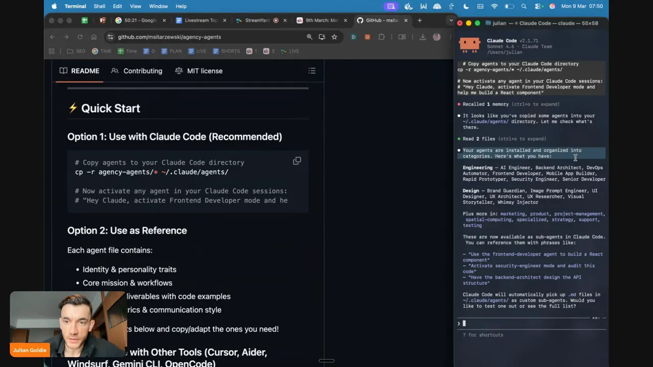Clear screenshot of the GitHub README Quick Start with the copy command visible on the left and a terminal on the right showing installed agents organized into categories