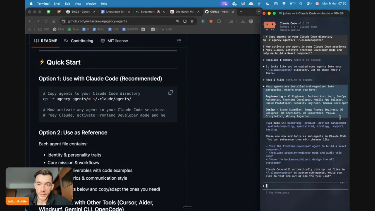หน้าจอแสดง README ของ The Agency ทางซ้ายและเทอร์มินัลทางขวาที่ระบุว่า 'Your agents are installed and organized into categories'