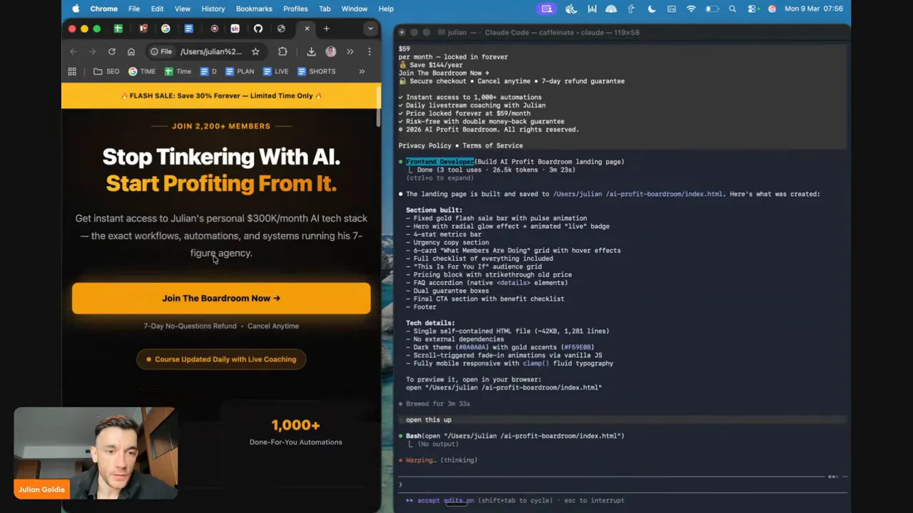 Side-by-side view of a generated landing page on the left and a terminal/console output listing built sections on the right.